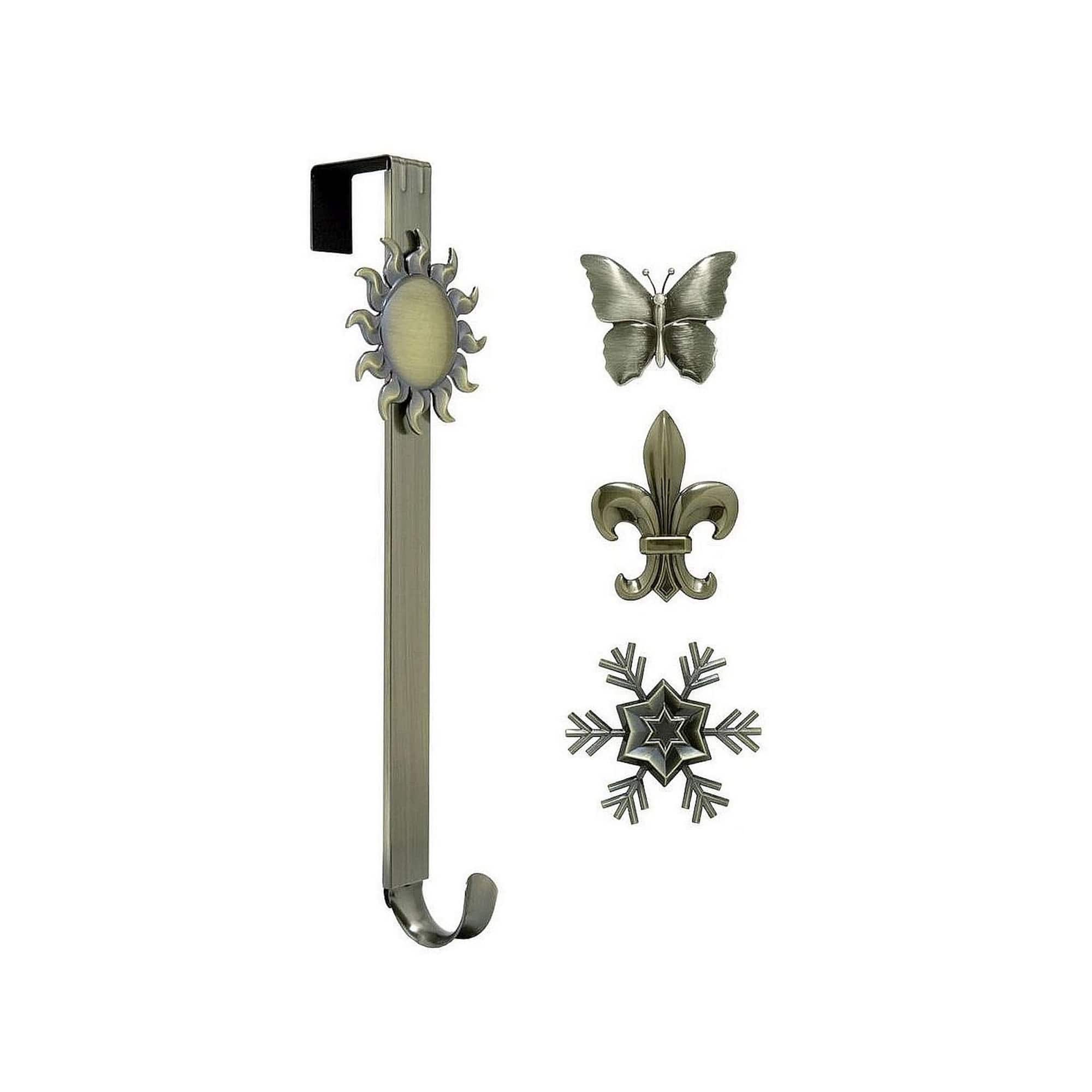 Haute Decor Antique Brass Adjustable Wreath Hanger with Interchangeable Icons